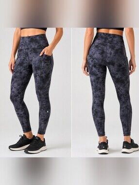 Lululemon Tie Dye High Rise Leggings Gray Black Pocket Athletic Yoga Pants.